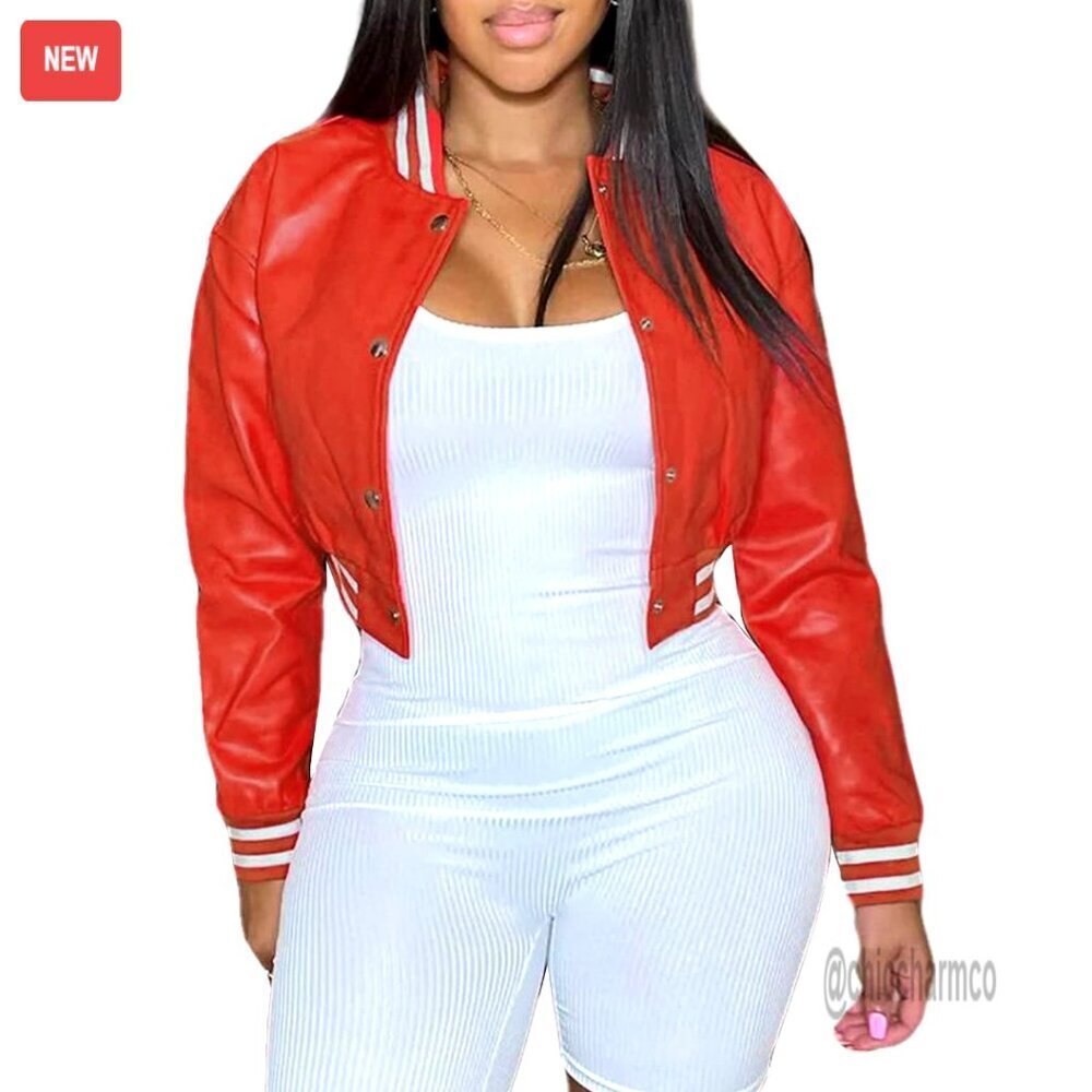 Faux Leather Bomber Jacket Cropped Snap Button Casual Outerwear